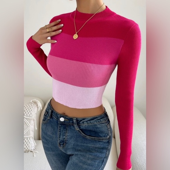 PRIVÉ CROP TOP JERSEY PINK MULTICOLOR BLOCK MOCK NECK SWEATER SIZE L (8-10) - Picture 3 of 3